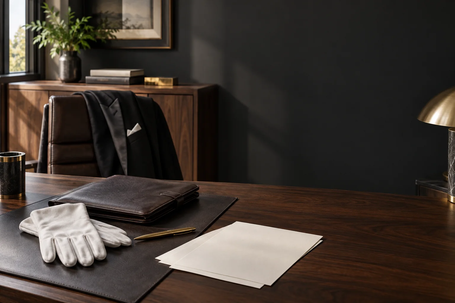 A leather business portfolio, white gloves, and blank papers on a walnut office desk.