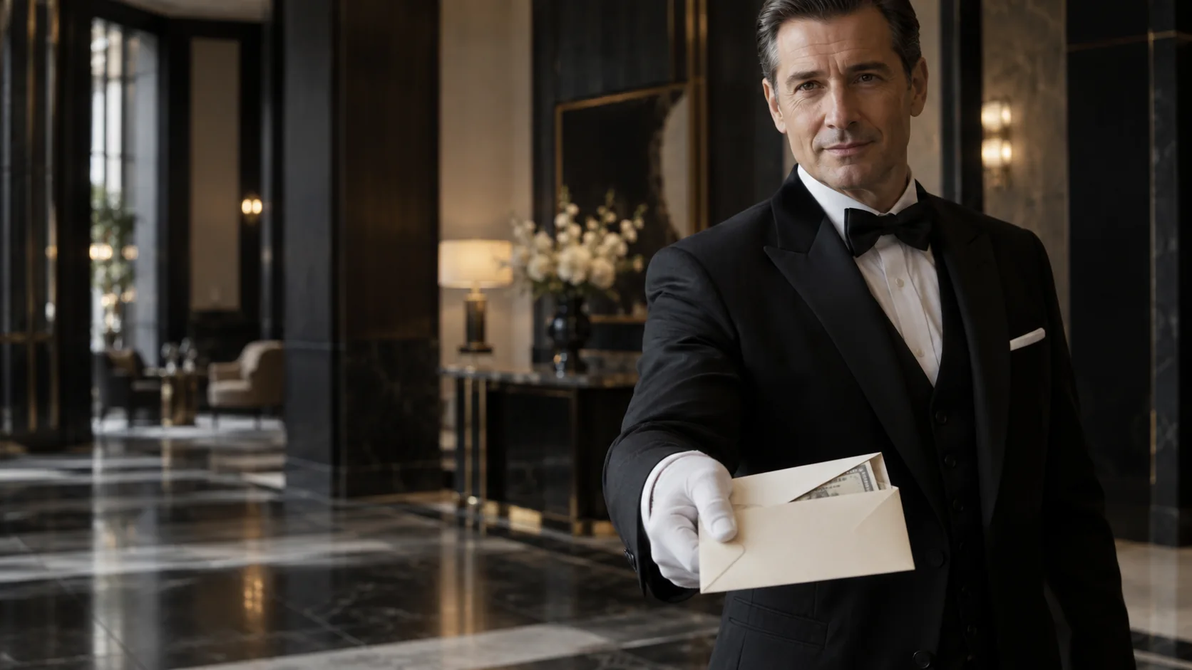 A butler in a black tuxedo and white gloves presenting an ivory envelope in a refined hotel lobby.