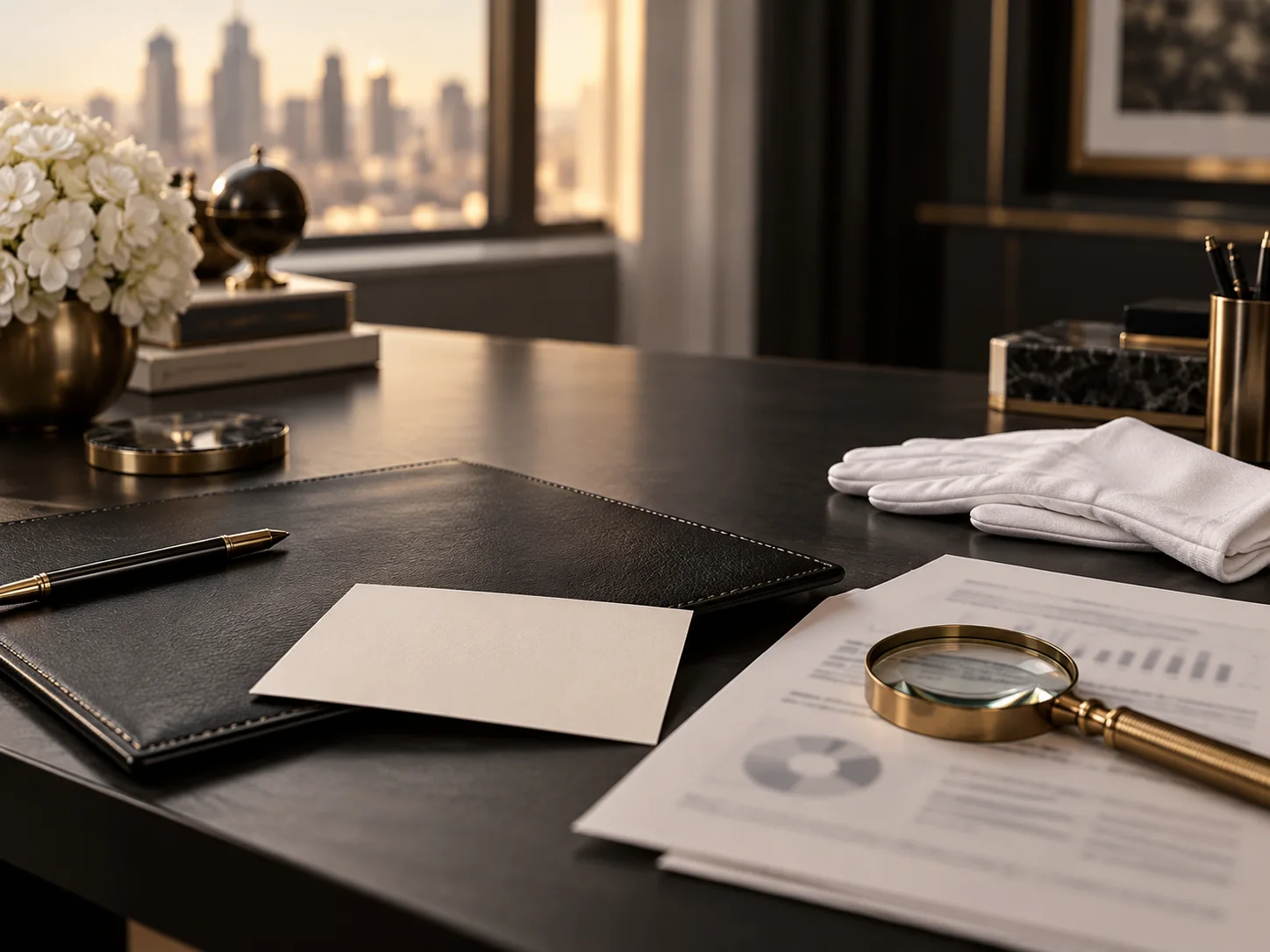 A black leather folio and credit-report papers on a refined desk beside white gloves.