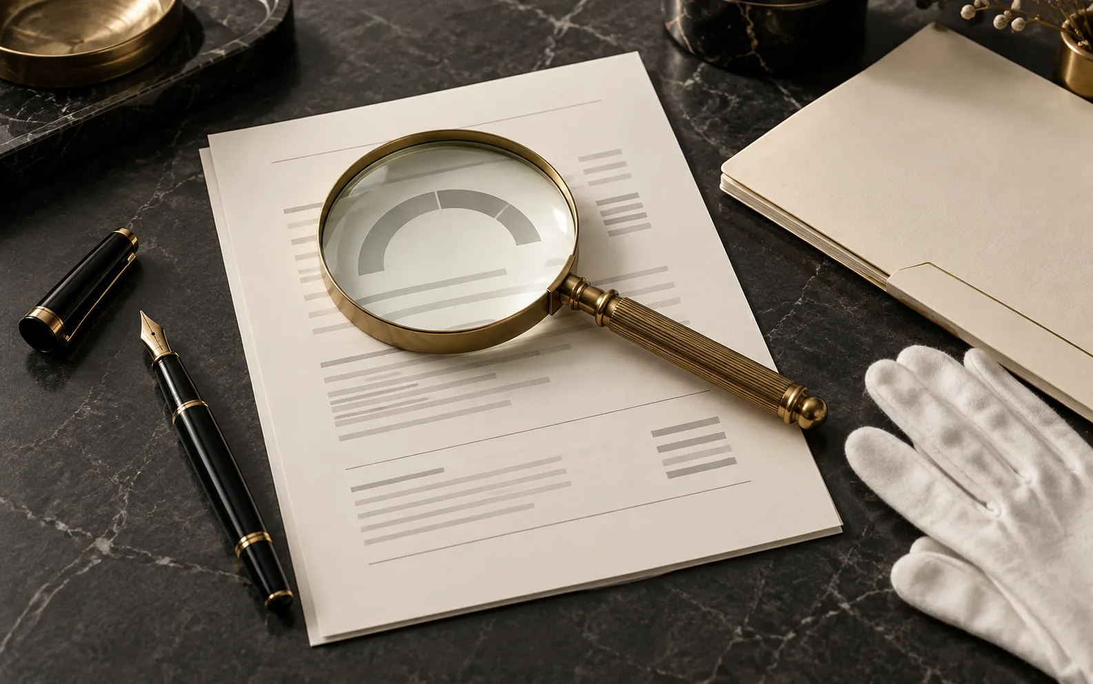 A brass magnifying glass over a blank credit report beside white gloves.