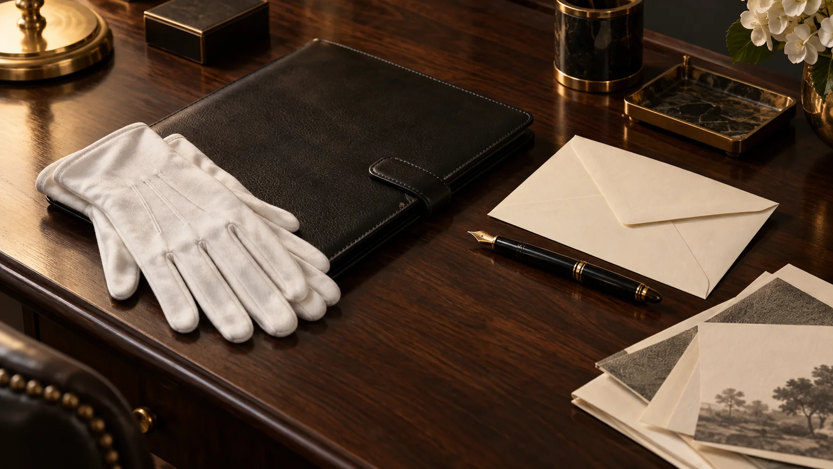White gloves, a black folio, and an ivory envelope on a walnut desk.