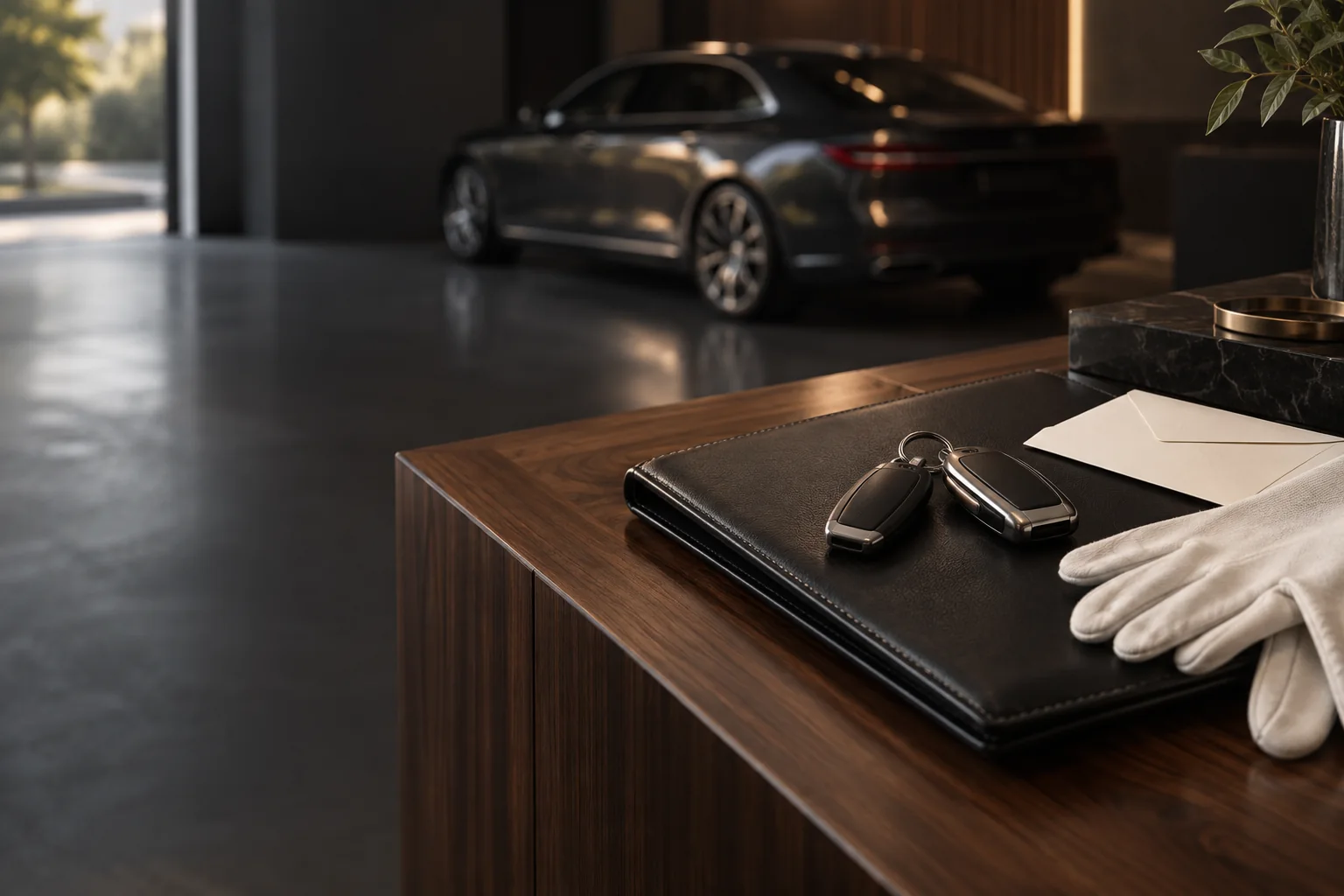 Car keys and a black leather folio on a walnut console near a vehicle showroom.