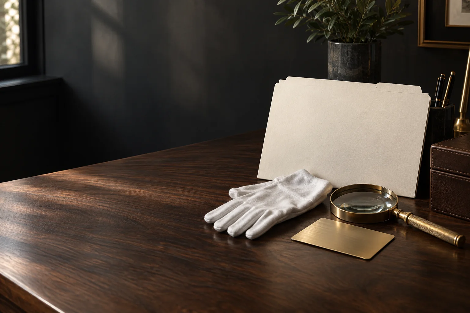White gloves, a magnifying glass, and a blank folder on a walnut desk.