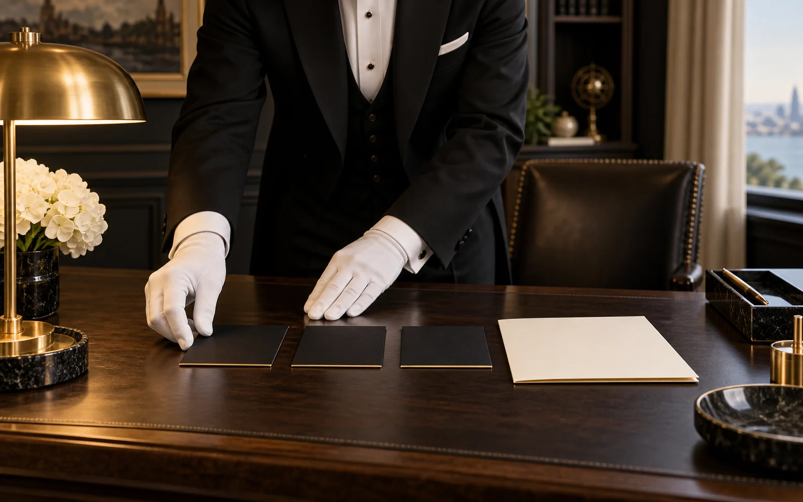 A tuxedoed concierge in white gloves arranging three black cards and an ivory folder on a walnut desk.