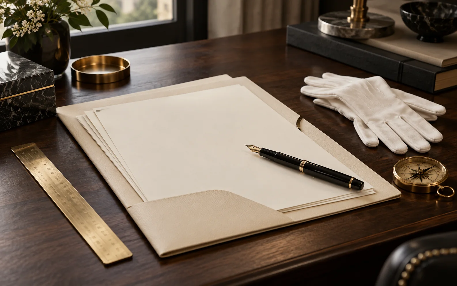 An ivory folder, brass ruler, black fountain pen, and white gloves on a walnut desk.